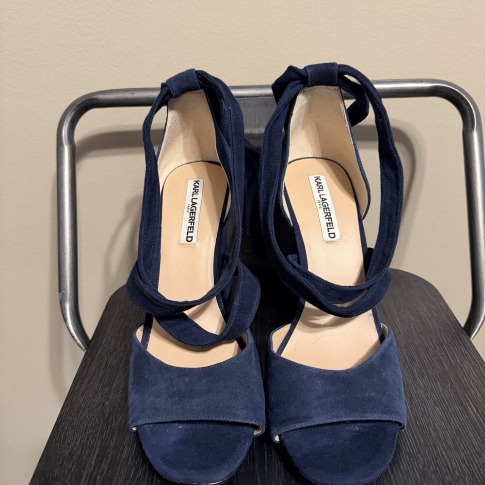 Karl Lagerfeld Paris Navy Blue Suede Ankle Strap Block Heels - Picture 3 of 13